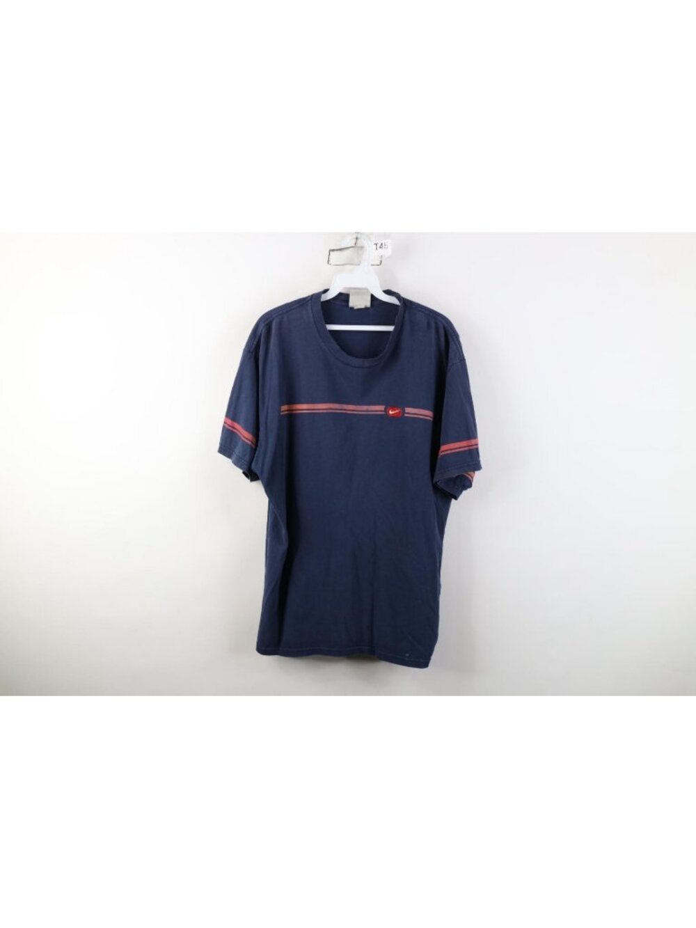 Vintage Nike Mens Large Thrashed Travis Scott Mini Swoosh Striped T-Shirt Blue